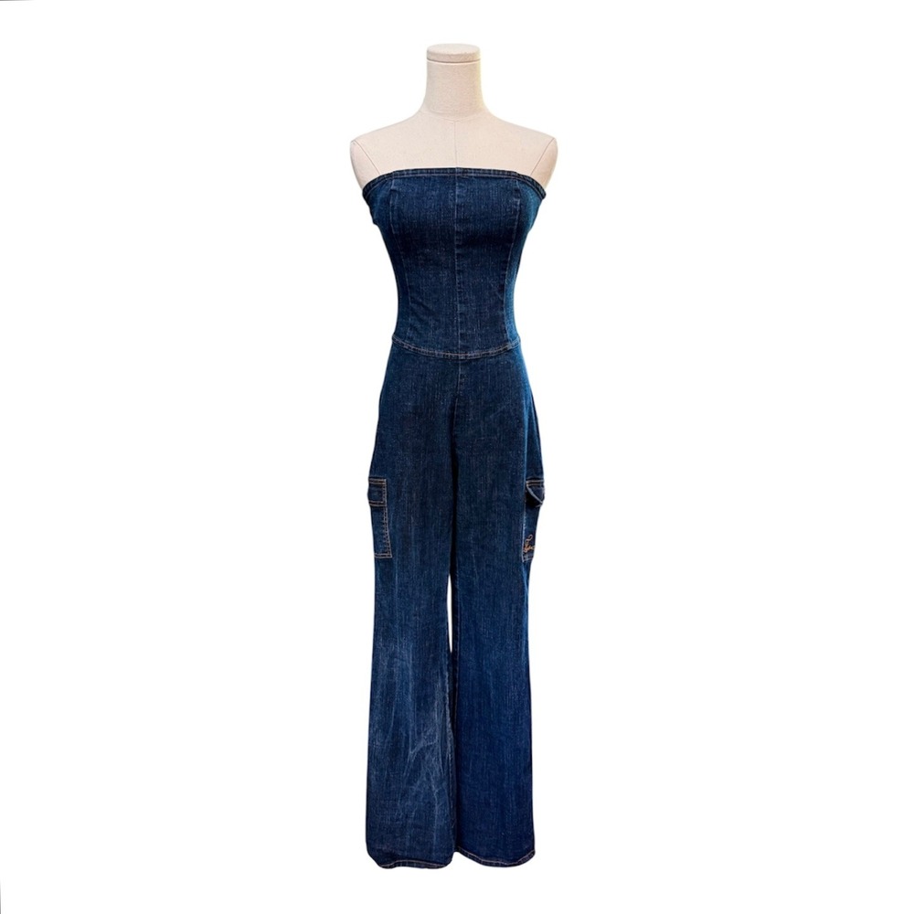 VTG FUBU Strapless Denim Cargo Jumpsuit Womens S Stretch Wide Leg Y2K Hip Hop